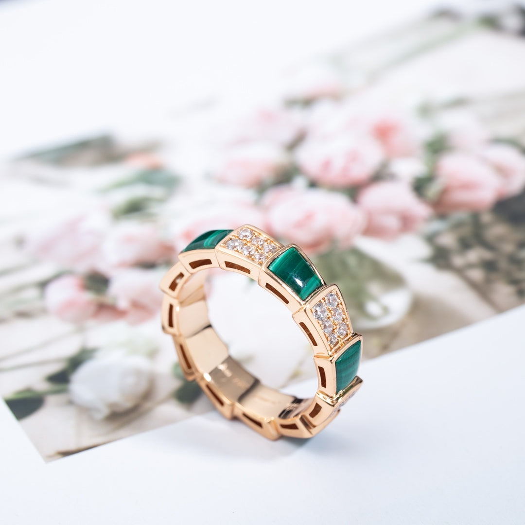 [Glow Jewelry]SERPENTI RING PINK GOLD MALACHITE DIAMOND PAVED 4MM