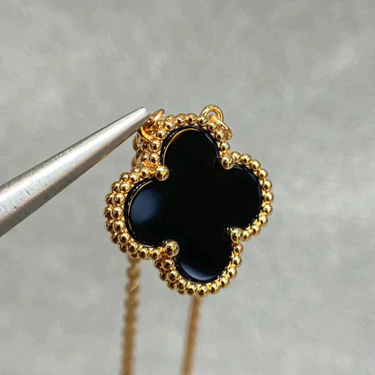 [Glow Jewelry]CLOVER 15MM BLACK ONYX SINGLE FLOWER NECKLACE