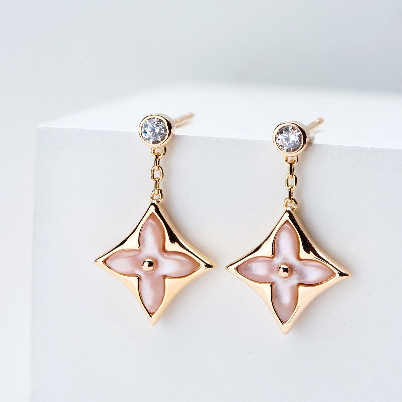 ¡®Glow Jewelry¡¯DOUBLE STAR PINK GOLD MOP DROP EARRINGS