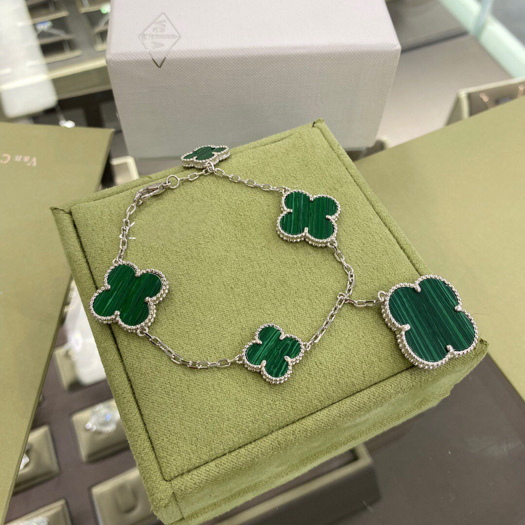 [Glow Jewelry]CLOVER 5 MOTIFS SIVLER MALACHITE BRACELET