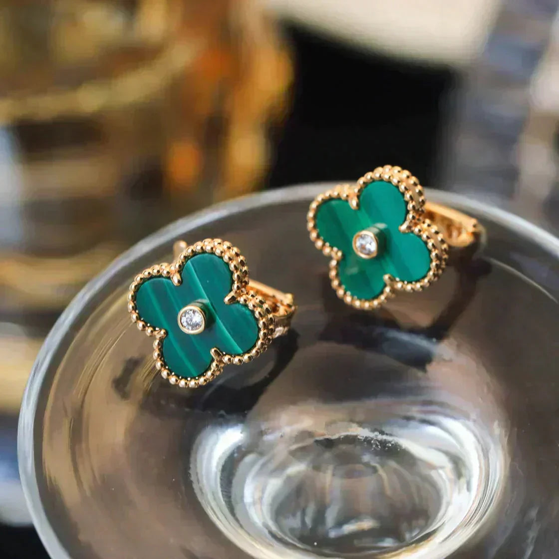 [Glow Jewelry]CLOVER MEDIUM 1 MOTIFS MALACHITE DIAMOND EARRINGS