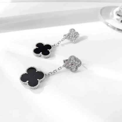 ¡®Glow Jewelry¡¯CLOVER 2 MOTIFS  DIAMOND ONYX EARRINGS SILVER