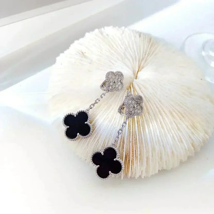 ¡®Glow Jewelry¡¯CLOVER 2 MOTIFS  DIAMOND ONYX EARRINGS SILVER
