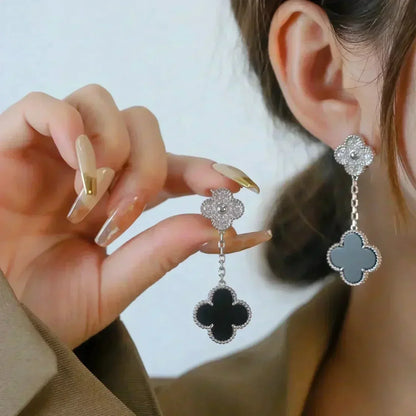 ¡®Glow Jewelry¡¯CLOVER 2 MOTIFS  DIAMOND ONYX EARRINGS SILVER