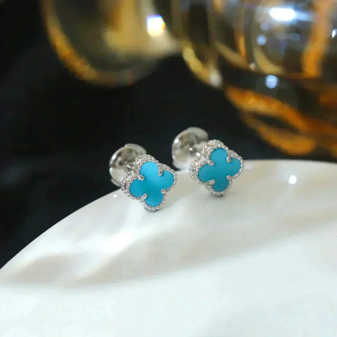 [Glow Jewelry]CLOVER MINI 9.5MM ONYX STUD EARRINGS SILVER