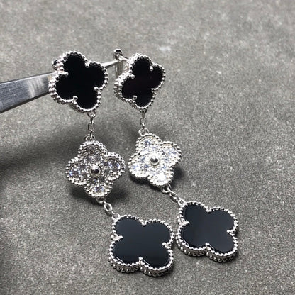 [Glow Jewelry]CLOVER 3 MOTIF DIAMOND ONYX SILVER EARRINGS