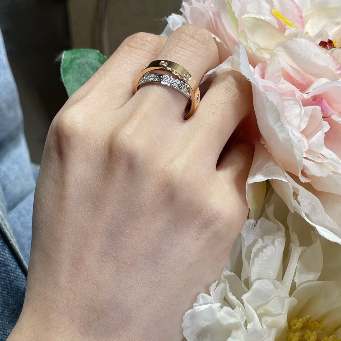 [Glow Jewelry]LOVE PINK GOLD SILVER DIAMOND DOUBLE RING