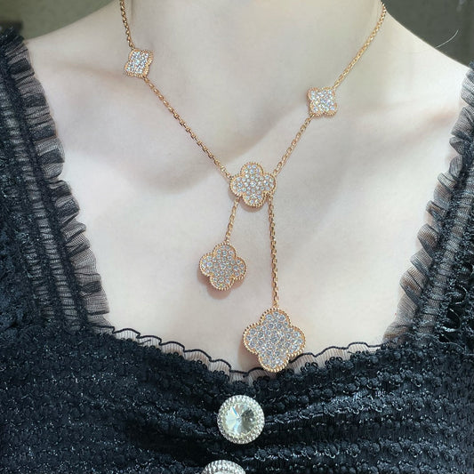[Glow Jewelry]CLOVER 6 MOTIF DIAMOND PAVED NECKLACE