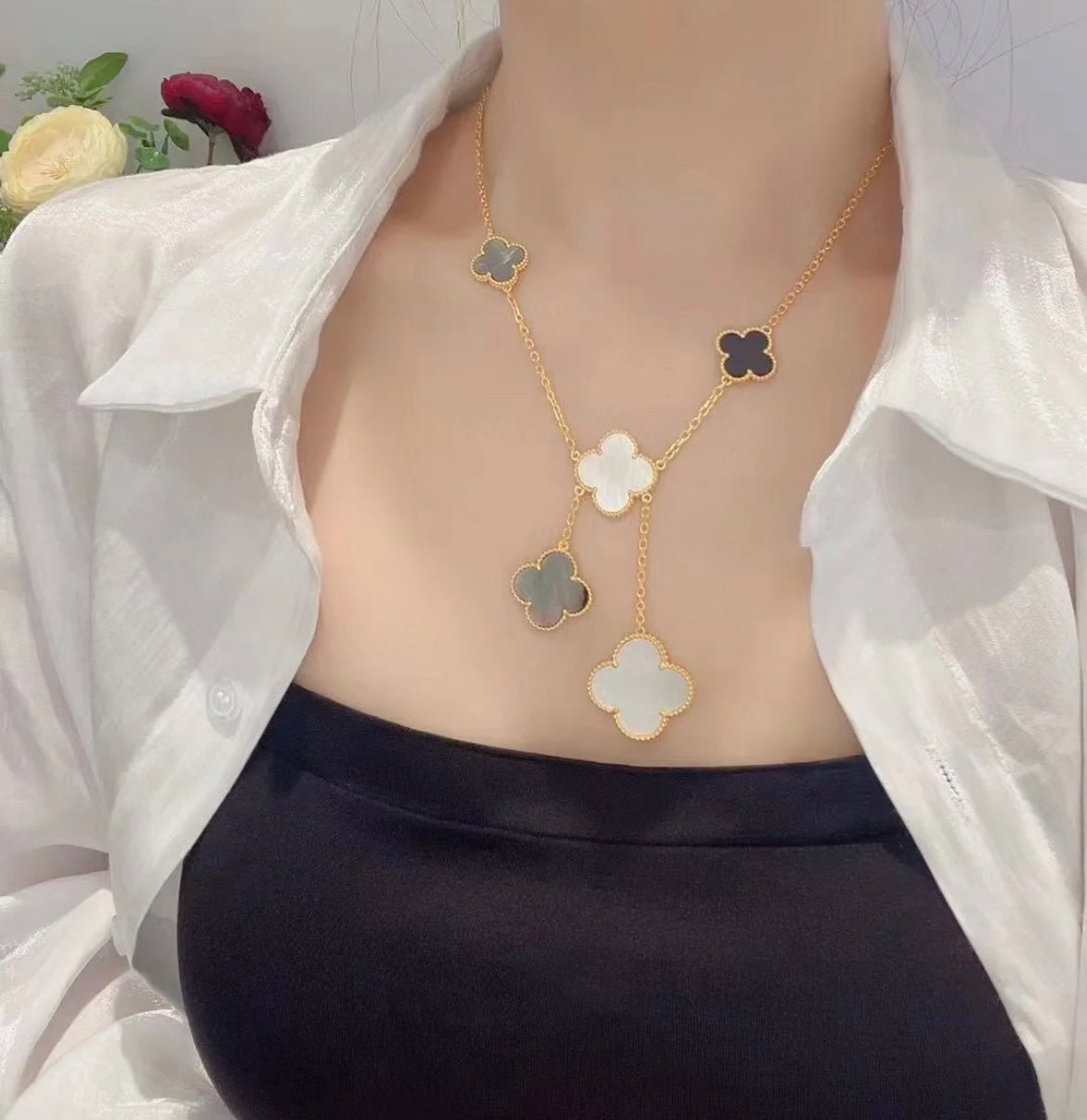 [Glow Jewelry]CLOVER 6 MOTIF MOP ONYX GOLD NECKLACE