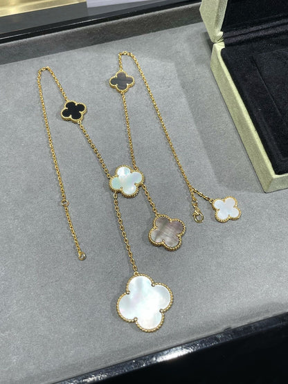 [Glow Jewelry]CLOVER 6 MOTIF MOP ONYX GOLD NECKLACE