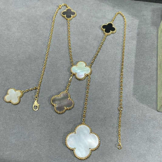 [Glow Jewelry]CLOVER 6 MOTIF MOP ONYX GOLD NECKLACE