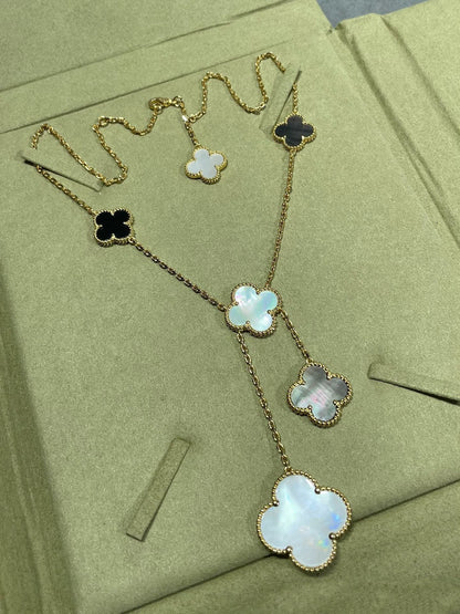 [Glow Jewelry]CLOVER 6 MOTIF MOP ONYX GOLD NECKLACE