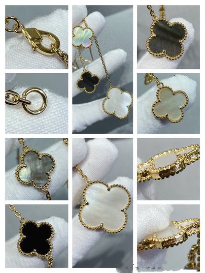 [Glow Jewelry]CLOVER 6 MOTIF MOP ONYX GOLD NECKLACE