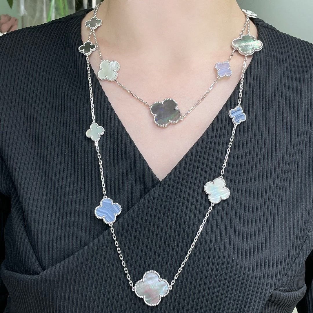 ¡®Glow Jewelry¡¯CLOVER 16 MOTIF CHALCEDONY MOP SILVER NECKLACE