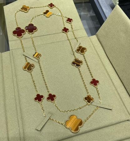 [Glow Jewelry]CLOVER 16 MOTIF CARNELIAN TIGER EYE ROSE GOLD NECKLACE