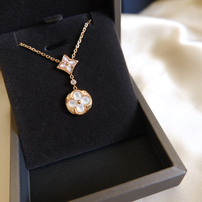 [Glow Jewelry]STAR AND SUN WHITE MOP 2 MOTIF PINK GOLD NECKLACE