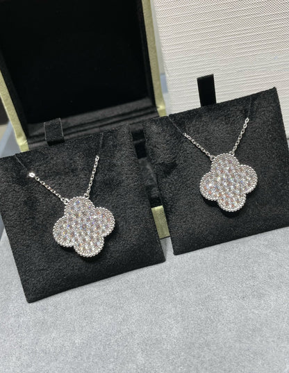 [Glow Jewelry]CLOVER 25MM LARGE PENDANT DIAMOND PAVED SILVER NECKLACE