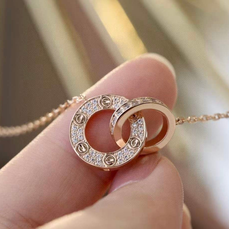 [Glow Jewelry]LOVE 7.6MM NECKLACE ROSE GOLD AND SILVER  FULL DIAMOND