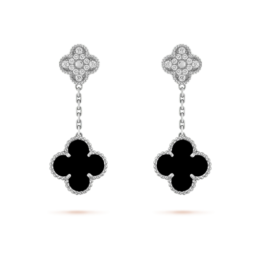 ¡®Glow Jewelry¡¯CLOVER 2 MOTIFS  DIAMOND ONYX EARRINGS SILVER