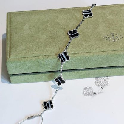 ¡®Glow Jewelry¡¯CLOVER 5 MOTIF VEINED ONYX BRACELET SILVER