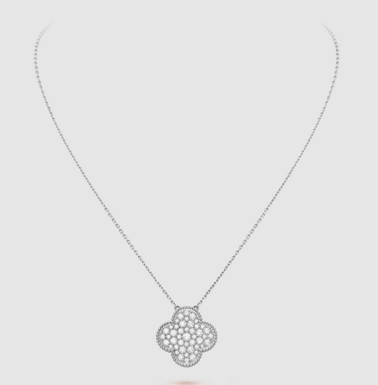 ¡®Glow Jewelry¡¯CLOVER 25MM LARGE PENDANT DIAMOND PAVED SILVER NECKLACE