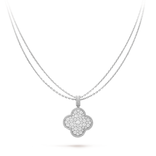 [Glow Jewelry]CLOVER 25MM SILVER FULL DIAMOND BIG CLOVER NECKLACE