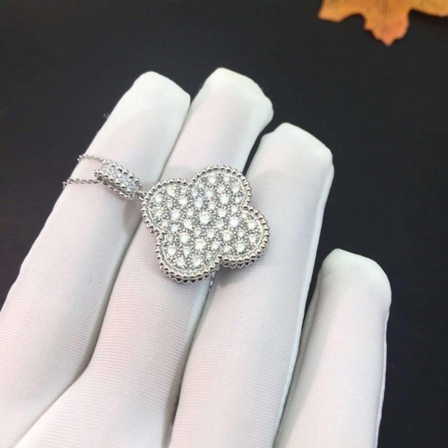 [Glow Jewelry]CLOVER 25MM SILVER FULL DIAMOND BIG CLOVER NECKLACE