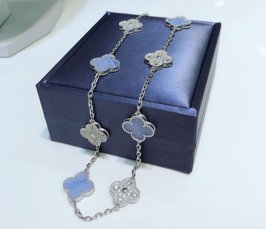 ¡®Glow Jewelry¡¯CLOVER 10 MOTIFS CHALCEDONY DIAMONDS SILVER NECKLACE